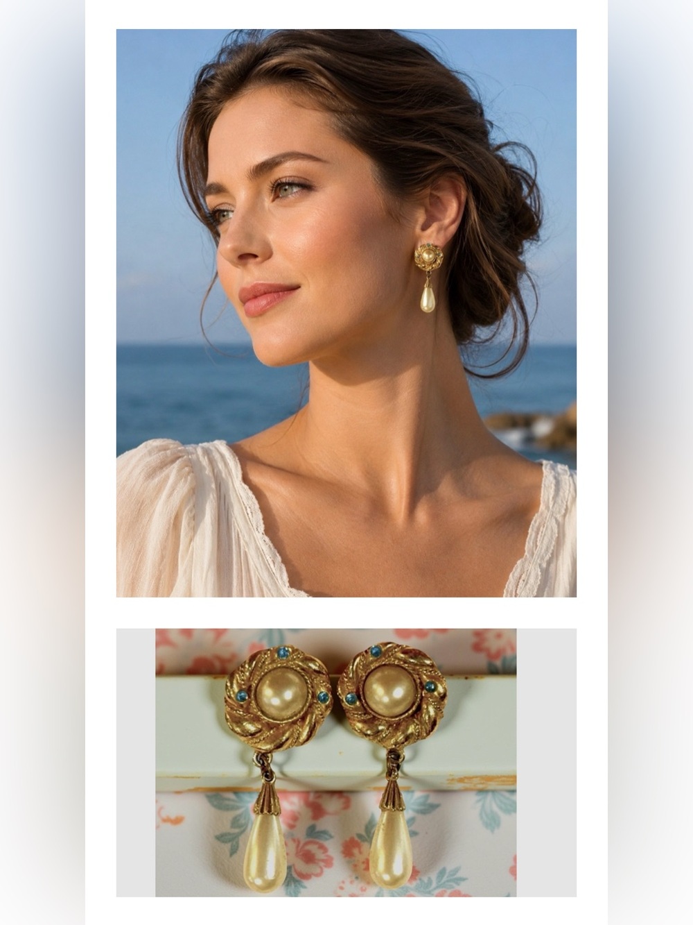 Two Sisters Post Earrings Signed Faux Pearls Baroque Golden Signed Vintage MCM
